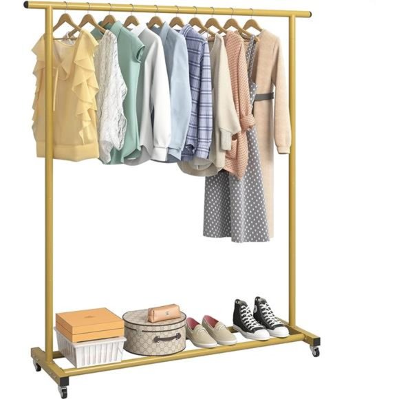Clothes Rack Standard Rod Simple Rolling Metal Garment Rack Organizer Gold